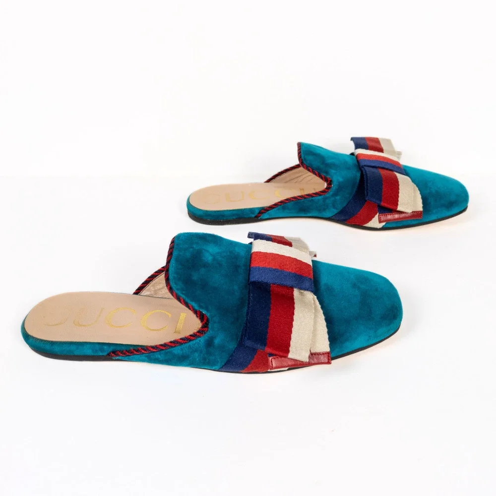 GUCCI Sylvie Bow Velvet Mule Flat Slippers in Pavone Red Blue Women's EU 37.5 - Picture 4 of 11